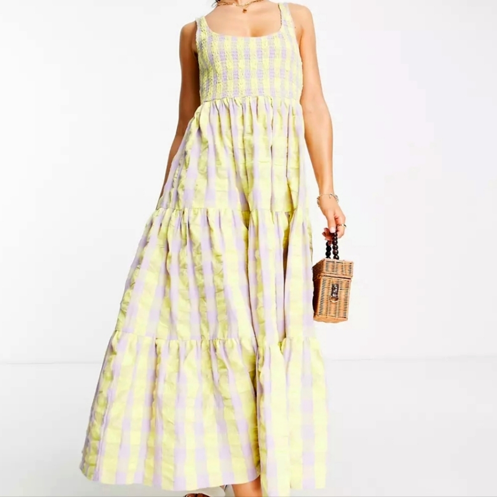 ASOS DESIGN shirred maxi sundress with tiers in lilac and lemon check